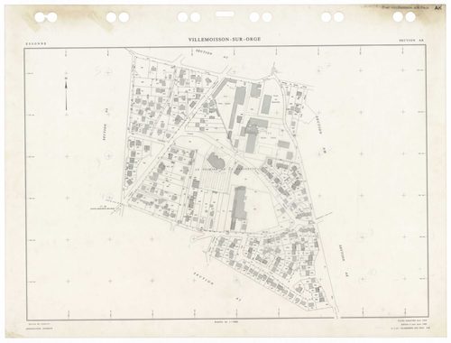 VILLEMOISSON-SUR-ORGE, plans minutes de conservation : tableau d'assemblage,1958, Ech. 1/5000 ; plans des sections AB, AC, AD, AE, AH, AI, AK, AL, 1958, Ech. 1/1000, section AM, 1986, Ech. 1/1000. Polyester. N et B. Dim. 105 x 80 cm [10 plans]. 