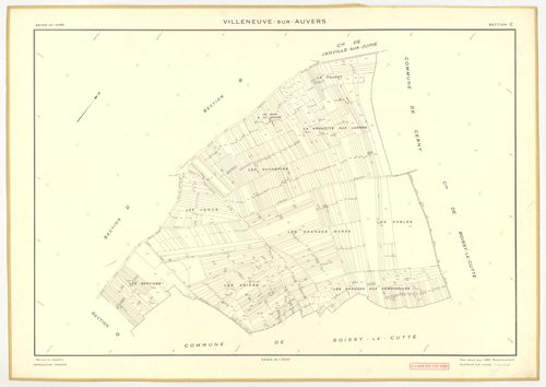 Plans minutes de conservation : VILLENEUVE-SUR-AUVERS : tableau d'assemblage, ech. 1/10000 (1953), sections A, B, C, D, E, F, G, H, ech. 1/2000 (1953), NB, papier, 105x80 [9 plans]. 