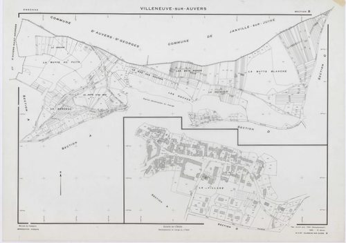 VILLENEUVE-SUR-AUVERS, plans minutes de conservation : tableau d'assemblage, 1953, Ech. 1/10000 ; plans des sections A, B, C, D, E, G, H, 1953, Ech. 1/2000, section F, 1953, Ech. 1/1000, section ZA, 1986, Ech. 1/2000. Polyester. N et B. Dim. 105 x 80 cm [