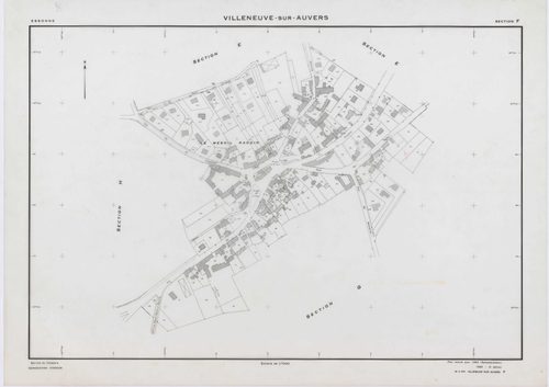 VILLENEUVE-SUR-AUVERS, plans minutes de conservation : tableau d'assemblage, 1953, Ech. 1/10000 ; plans des sections A, B, C, D, E, G, H, 1953, Ech. 1/2000, section F, 1953, Ech. 1/1000, section ZA, 1986, Ech. 1/2000. Polyester. N et B. Dim. 105 x 80 cm [