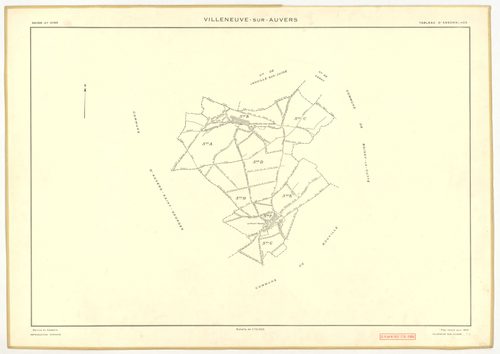 Plans minutes de conservation : VILLENEUVE-SUR-AUVERS : tableau d'assemblage, ech. 1/10000 (1953), sections A, B, C, D, E, F, G, H, ech. 1/2000 (1953), NB, papier, 105x80 [9 plans]. 