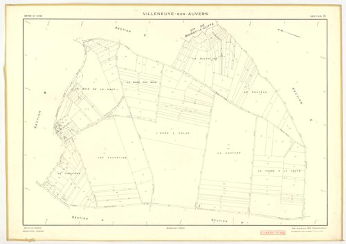 Plans minutes de conservation : VILLENEUVE-SUR-AUVERS : tableau d'assemblage, ech. 1/10000 (1953), sections A, B, C, D, E, F, G, H, ech. 1/2000 (1953), NB, papier, 105x80 [9 plans]. 