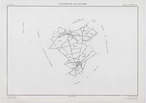 VILLENEUVE-SUR-AUVERS, plans minutes de conservation : tableau d'assemblage, 1953, Ech. 1/10000 ; plans des sections A, B, C, D, E, G, H, 1953, Ech. 1/2000, section F, 1953, Ech. 1/1000, section ZA, 1986, Ech. 1/2000. Polyester. N et B. Dim. 105 x 80 cm [