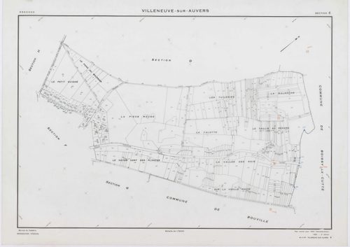VILLENEUVE-SUR-AUVERS, plans minutes de conservation : tableau d'assemblage, 1953, Ech. 1/10000 ; plans des sections A, B, C, D, E, G, H, 1953, Ech. 1/2000, section F, 1953, Ech. 1/1000, section ZA, 1986, Ech. 1/2000. Polyester. N et B. Dim. 105 x 80 cm [