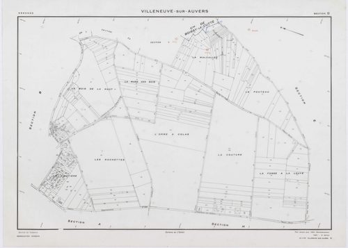VILLENEUVE-SUR-AUVERS, plans minutes de conservation : tableau d'assemblage, 1953, Ech. 1/10000 ; plans des sections A, B, C, D, E, G, H, 1953, Ech. 1/2000, section F, 1953, Ech. 1/1000, section ZA, 1986, Ech. 1/2000. Polyester. N et B. Dim. 105 x 80 cm [