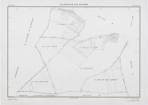 VILLENEUVE-SUR-AUVERS, plans minutes de conservation : tableau d'assemblage, 1953, Ech. 1/10000 ; plans des sections A, B, C, D, E, G, H, 1953, Ech. 1/2000, section F, 1953, Ech. 1/1000, section ZA, 1986, Ech. 1/2000. Polyester. N et B. Dim. 105 x 80 cm [