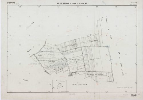 VILLENEUVE-SUR-AUVERS, plans minutes de conservation : tableau d'assemblage, 1953, Ech. 1/10000 ; plans des sections A, B, C, D, E, G, H, 1953, Ech. 1/2000, section F, 1953, Ech. 1/1000, section ZA, 1986, Ech. 1/2000. Polyester. N et B. Dim. 105 x 80 cm [
