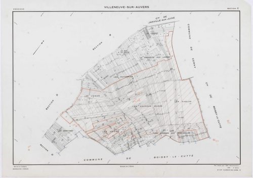 VILLENEUVE-SUR-AUVERS, plans minutes de conservation : tableau d'assemblage, 1953, Ech. 1/10000 ; plans des sections A, B, C, D, E, G, H, 1953, Ech. 1/2000, section F, 1953, Ech. 1/1000, section ZA, 1986, Ech. 1/2000. Polyester. N et B. Dim. 105 x 80 cm [