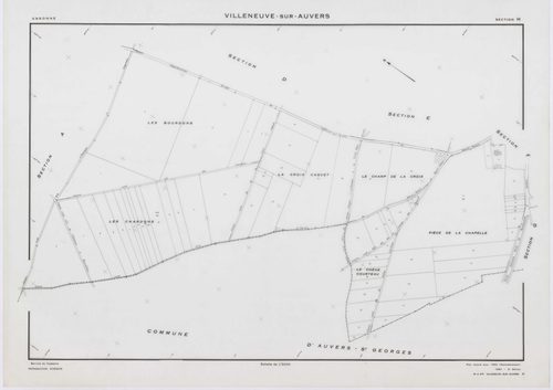 VILLENEUVE-SUR-AUVERS, plans minutes de conservation : tableau d'assemblage, 1953, Ech. 1/10000 ; plans des sections A, B, C, D, E, G, H, 1953, Ech. 1/2000, section F, 1953, Ech. 1/1000, section ZA, 1986, Ech. 1/2000. Polyester. N et B. Dim. 105 x 80 cm [
