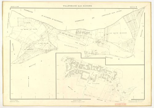 Plans minutes de conservation : VILLENEUVE-SUR-AUVERS : tableau d'assemblage, ech. 1/10000 (1953), sections A, B, C, D, E, F, G, H, ech. 1/2000 (1953), NB, papier, 105x80 [9 plans]. 
