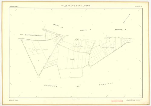 Plans minutes de conservation : VILLENEUVE-SUR-AUVERS : tableau d'assemblage, ech. 1/10000 (1953), sections A, B, C, D, E, F, G, H, ech. 1/2000 (1953), NB, papier, 105x80 [9 plans]. 