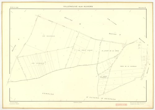 Plans minutes de conservation : VILLENEUVE-SUR-AUVERS : tableau d'assemblage, ech. 1/10000 (1953), sections A, B, C, D, E, F, G, H, ech. 1/2000 (1953), NB, papier, 105x80 [9 plans]. 