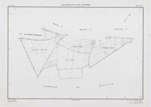 VILLENEUVE-SUR-AUVERS, plans minutes de conservation : tableau d'assemblage, 1953, Ech. 1/10000 ; plans des sections A, B, C, D, E, G, H, 1953, Ech. 1/2000, section F, 1953, Ech. 1/1000, section ZA, 1986, Ech. 1/2000. Polyester. N et B. Dim. 105 x 80 cm [