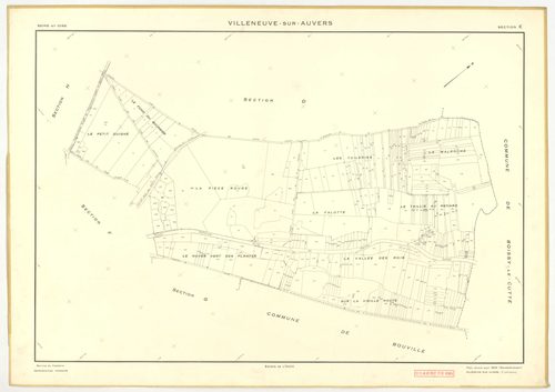 Plans minutes de conservation : VILLENEUVE-SUR-AUVERS : tableau d'assemblage, ech. 1/10000 (1953), sections A, B, C, D, E, F, G, H, ech. 1/2000 (1953), NB, papier, 105x80 [9 plans]. 