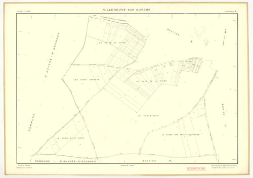 Plans minutes de conservation : VILLENEUVE-SUR-AUVERS : tableau d'assemblage, ech. 1/10000 (1953), sections A, B, C, D, E, F, G, H, ech. 1/2000 (1953), NB, papier, 105x80 [9 plans]. 