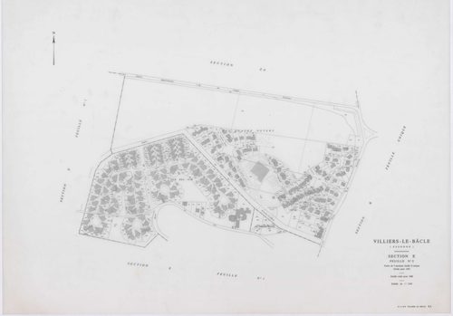 VILLIERS-LE-BACLE, plans minutes de conservation : tableau d'assemblage,1933, Ech. 1/5000 ; plans des sections A, B, 1933, Ech. 1/5000, sections C1, E2, 1933, Ech. 1/1250, sections C2, D, E1, 1933, Ech. 1/2500, section ZA, 1965, Ech. 1/2000. Polyester. N 