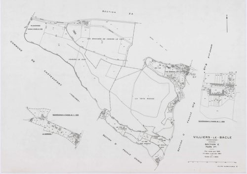 VILLIERS-LE-BACLE, plans minutes de conservation : tableau d'assemblage,1933, Ech. 1/5000 ; plans des sections A, B, 1933, Ech. 1/5000, sections C1, E2, 1933, Ech. 1/1250, sections C2, D, E1, 1933, Ech. 1/2500, section ZA, 1965, Ech. 1/2000. Polyester. N 