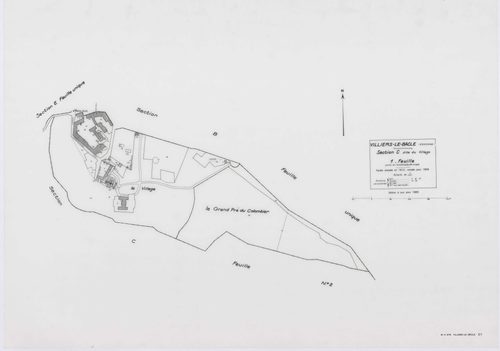 VILLIERS-LE-BACLE, plans minutes de conservation : tableau d'assemblage,1933, Ech. 1/5000 ; plans des sections A, B, 1933, Ech. 1/5000, sections C1, E2, 1933, Ech. 1/1250, sections C2, D, E1, 1933, Ech. 1/2500, section ZA, 1965, Ech. 1/2000. Polyester. N 