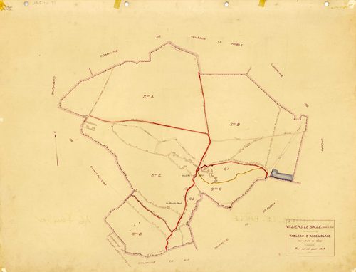 VILLIERS-LE-BACLE. - Plan révisé pour 1933 : plans du tableau d'assemblage, des sections A dite des Fonds Toussus, B dite des Fonds d'Orsigny, C dite du village (feuilles 1-2), D dite du Moulin Neuf, E dite de Voisins-le-Cuit. [7 plans]. 