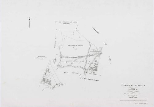 VILLIERS-LE-BACLE, plans minutes de conservation : tableau d'assemblage,1933, Ech. 1/5000 ; plans des sections A, B, 1933, Ech. 1/5000, sections C1, E2, 1933, Ech. 1/1250, sections C2, D, E1, 1933, Ech. 1/2500, section ZA, 1965, Ech. 1/2000. Polyester. N 