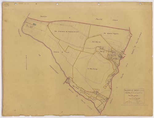 VILLIERS-LE-BACLE. - Plan révisé pour 1933 : plans du tableau d'assemblage, des sections A dite des Fonds Toussus, B dite des Fonds d'Orsigny, C dite du village (feuilles 1-2), D dite du Moulin Neuf, E dite de Voisins-le-Cuit. [7 plans]. 