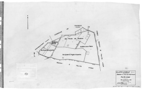VILLIERS-LE-BACLE. - Cadastre révisé pour 1933 : plan du tableau d'assemblage , plans de la section A les Fonds Toussus, section B les Fonds d'Orsigny, section C le Village 2ème feuille, section E Voisins le Cuit ; cadastre renouvelé pour 1965 : plan de l