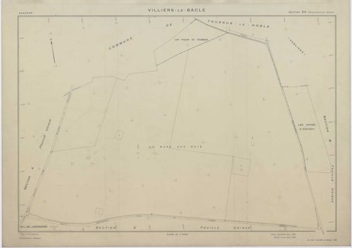 VILLIERS-LE-BACLE, plans minutes de conservation : tableau d'assemblage,1933, Ech. 1/5000 ; plans des sections A, B, 1933, Ech. 1/5000, sections C1, E2, 1933, Ech. 1/1250, sections C2, D, E1, 1933, Ech. 1/2500, section ZA, 1965, Ech. 1/2000. Polyester. N 