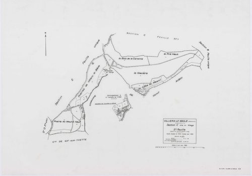 VILLIERS-LE-BACLE, plans minutes de conservation : tableau d'assemblage,1933, Ech. 1/5000 ; plans des sections A, B, 1933, Ech. 1/5000, sections C1, E2, 1933, Ech. 1/1250, sections C2, D, E1, 1933, Ech. 1/2500, section ZA, 1965, Ech. 1/2000. Polyester. N 