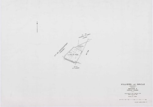 VILLIERS-LE-BACLE, plans minutes de conservation : tableau d'assemblage,1933, Ech. 1/5000 ; plans des sections A, B, 1933, Ech. 1/5000, sections C1, E2, 1933, Ech. 1/1250, sections C2, D, E1, 1933, Ech. 1/2500, section ZA, 1965, Ech. 1/2000. Polyester. N 