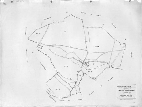 VILLIERS-LE-BACLE : plan révisé pour 1933, à jour pour 1968 (2 ème édition) : plan du tableau d'assemblage ; plan révisé pour 1933, à jour pour 1975 (2ème, 3ème édition) : plans du tableau d'assemblage, des sections A, B, C (feuilles 1-2), D dite du Mouli