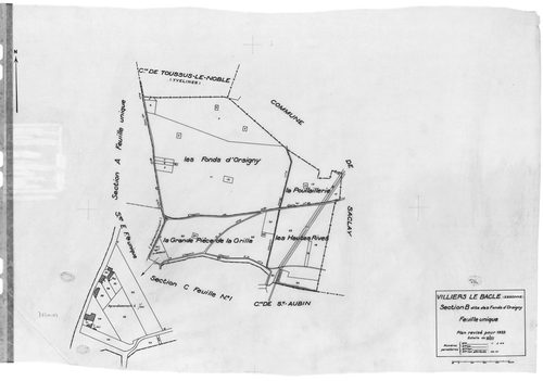 VILLIERS-LE-BACLE. - Cadastre révisé pour 1933 : plan du tableau d'assemblage , plans de la section A les Fonds Toussus, section B les Fonds d'Orsigny, section C le Village 2ème feuille, section E Voisins le Cuit ; cadastre renouvelé pour 1965 : plan de l