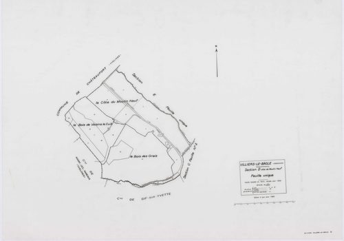 VILLIERS-LE-BACLE, plans minutes de conservation : tableau d'assemblage,1933, Ech. 1/5000 ; plans des sections A, B, 1933, Ech. 1/5000, sections C1, E2, 1933, Ech. 1/1250, sections C2, D, E1, 1933, Ech. 1/2500, section ZA, 1965, Ech. 1/2000. Polyester. N 