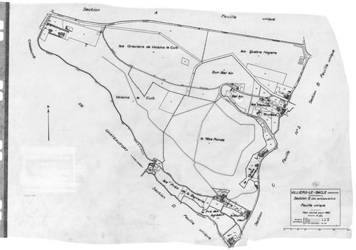 VILLIERS-LE-BACLE. - Cadastre révisé pour 1933 : plan du tableau d'assemblage , plans de la section A les Fonds Toussus, section B les Fonds d'Orsigny, section C le Village 2ème feuille, section E Voisins le Cuit ; cadastre renouvelé pour 1965 : plan de l