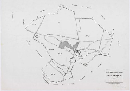 VILLIERS-LE-BACLE, plans minutes de conservation : tableau d'assemblage,1933, Ech. 1/5000 ; plans des sections A, B, 1933, Ech. 1/5000, sections C1, E2, 1933, Ech. 1/1250, sections C2, D, E1, 1933, Ech. 1/2500, section ZA, 1965, Ech. 1/2000. Polyester. N 