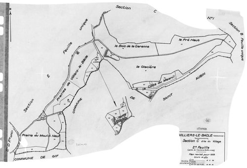 VILLIERS-LE-BACLE. - Cadastre révisé pour 1933 : plan du tableau d'assemblage , plans de la section A les Fonds Toussus, section B les Fonds d'Orsigny, section C le Village 2ème feuille, section E Voisins le Cuit ; cadastre renouvelé pour 1965 : plan de l