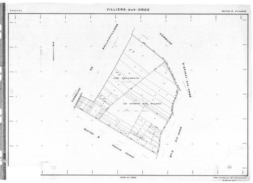 VILLIERS-SUR-ORGE. - Cadastre révisé pour 1933 : plan du tableau d'assemblage , plans de la section A les Bellebats, section B les Mollières, section C le Village, section D Ancien Parc ; cadastre révisé pour 1933 et renouvelé pour 1937 : plan de la secti