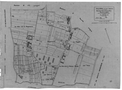 VILLIERS-SUR-ORGE. - Cadastre révisé pour 1933 : plan du tableau d'assemblage , plans de la section A les Bellebats, section B les Mollières, section C le Village, section D Ancien Parc ; cadastre révisé pour 1933 et renouvelé pour 1937 : plan de la secti
