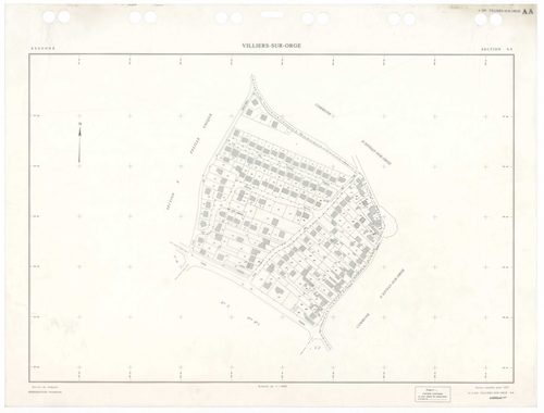 VILLIERS-SUR-ORGE, plans minutes de conservation : tableau d'assemblage,1933, Ech. 1/5000 ; plans des sections Zu, 1953, Ech. 1/2000, sections AA, AB, AE, 1997, Ech. 1/1000, sections AC, AD, 1998, Ech. 1/1000, sections AH, AI, AK, AL, 1999, Ech. 1/1000. P