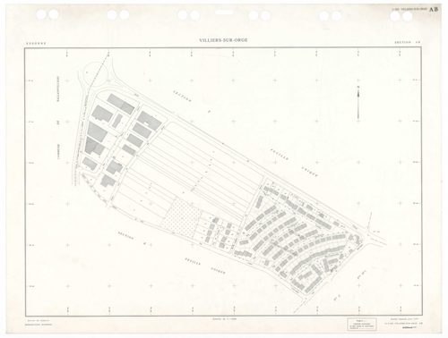 VILLIERS-SUR-ORGE, plans minutes de conservation : tableau d'assemblage,1933, Ech. 1/5000 ; plans des sections Zu, 1953, Ech. 1/2000, sections AA, AB, AE, 1997, Ech. 1/1000, sections AC, AD, 1998, Ech. 1/1000, sections AH, AI, AK, AL, 1999, Ech. 1/1000. P