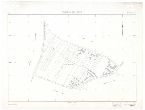 VILLIERS-SUR-ORGE, plans minutes de conservation : tableau d'assemblage,1933, Ech. 1/5000 ; plans des sections Zu, 1953, Ech. 1/2000, sections AA, AB, AE, 1997, Ech. 1/1000, sections AC, AD, 1998, Ech. 1/1000, sections AH, AI, AK, AL, 1999, Ech. 1/1000. P