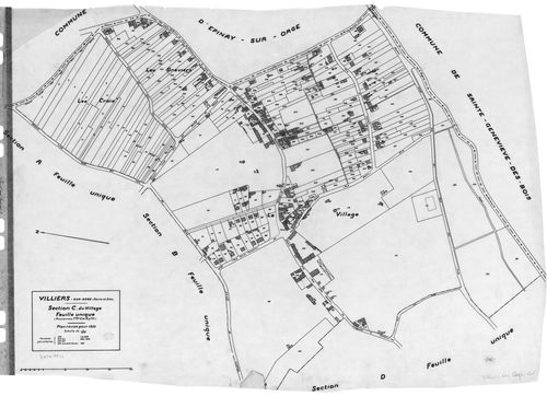 VILLIERS-SUR-ORGE. - Cadastre révisé pour 1933 : plan du tableau d'assemblage , plans de la section A les Bellebats, section B les Mollières, section C le Village, section D Ancien Parc ; cadastre révisé pour 1933 et renouvelé pour 1937 : plan de la secti