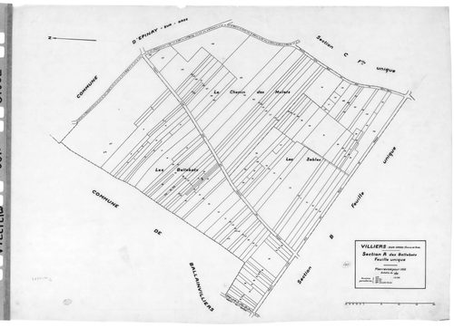 VILLIERS-SUR-ORGE. - Cadastre révisé pour 1933 : plan du tableau d'assemblage , plans de la section A les Bellebats, section B les Mollières, section C le Village, section D Ancien Parc ; cadastre révisé pour 1933 et renouvelé pour 1937 : plan de la secti