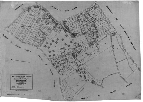 VILLIERS-SUR-ORGE. - Cadastre révisé pour 1933 : plan du tableau d'assemblage , plans de la section A les Bellebats, section B les Mollières, section C le Village, section D Ancien Parc ; cadastre révisé pour 1933 et renouvelé pour 1937 : plan de la secti