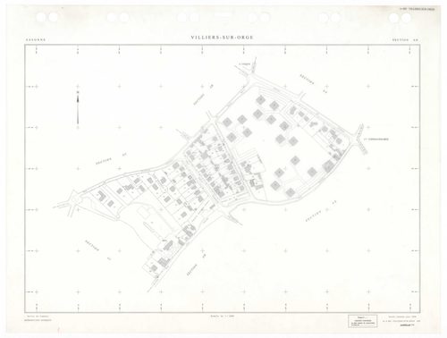 VILLIERS-SUR-ORGE, plans minutes de conservation : tableau d'assemblage,1933, Ech. 1/5000 ; plans des sections Zu, 1953, Ech. 1/2000, sections AA, AB, AE, 1997, Ech. 1/1000, sections AC, AD, 1998, Ech. 1/1000, sections AH, AI, AK, AL, 1999, Ech. 1/1000. P