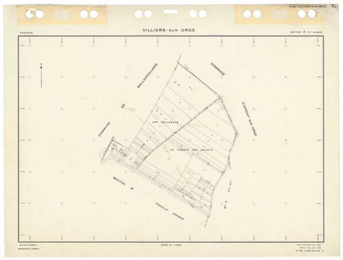 VILLIERS-SUR-ORGE, plans minutes de conservation : tableau d'assemblage,1933, Ech. 1/5000 ; plans des sections Zu, 1953, Ech. 1/2000, sections AA, AB, AE, 1997, Ech. 1/1000, sections AC, AD, 1998, Ech. 1/1000, sections AH, AI, AK, AL, 1999, Ech. 1/1000. P