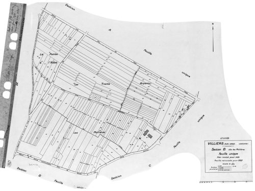 VILLIERS-SUR-ORGE. - Cadastre révisé pour 1933 : plan du tableau d'assemblage , plans de la section A les Bellebats, section B les Mollières, section C le Village, section D Ancien Parc ; cadastre révisé pour 1933 et renouvelé pour 1937 : plan de la secti