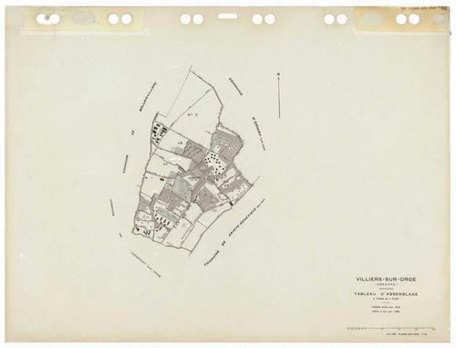 VILLIERS-SUR-ORGE, plans minutes de conservation : tableau d'assemblage,1933, Ech. 1/5000 ; plans des sections Zu, 1953, Ech. 1/2000, sections AA, AB, AE, 1997, Ech. 1/1000, sections AC, AD, 1998, Ech. 1/1000, sections AH, AI, AK, AL, 1999, Ech. 1/1000. P