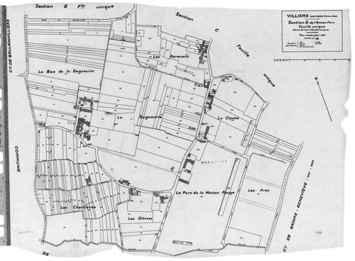 VILLIERS-SUR-ORGE. - Cadastre révisé pour 1933 : plan du tableau d'assemblage , plans de la section A les Bellebats, section B les Mollières, section C le Village, section D Ancien Parc ; cadastre révisé pour 1933 et renouvelé pour 1937 : plan de la secti