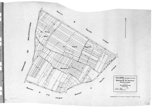 VILLIERS-SUR-ORGE. - Cadastre révisé pour 1933 : plan du tableau d'assemblage , plans de la section A les Bellebats, section B les Mollières, section C le Village, section D Ancien Parc ; cadastre révisé pour 1933 et renouvelé pour 1937 : plan de la secti