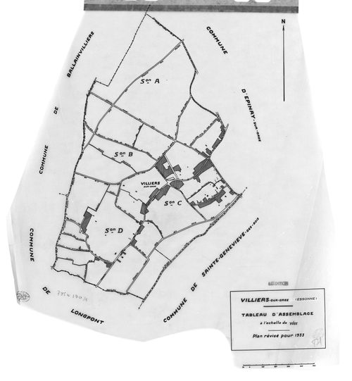 VILLIERS-SUR-ORGE. - Cadastre révisé pour 1933 : plan du tableau d'assemblage , plans de la section A les Bellebats, section B les Mollières, section C le Village, section D Ancien Parc ; cadastre révisé pour 1933 et renouvelé pour 1937 : plan de la secti
